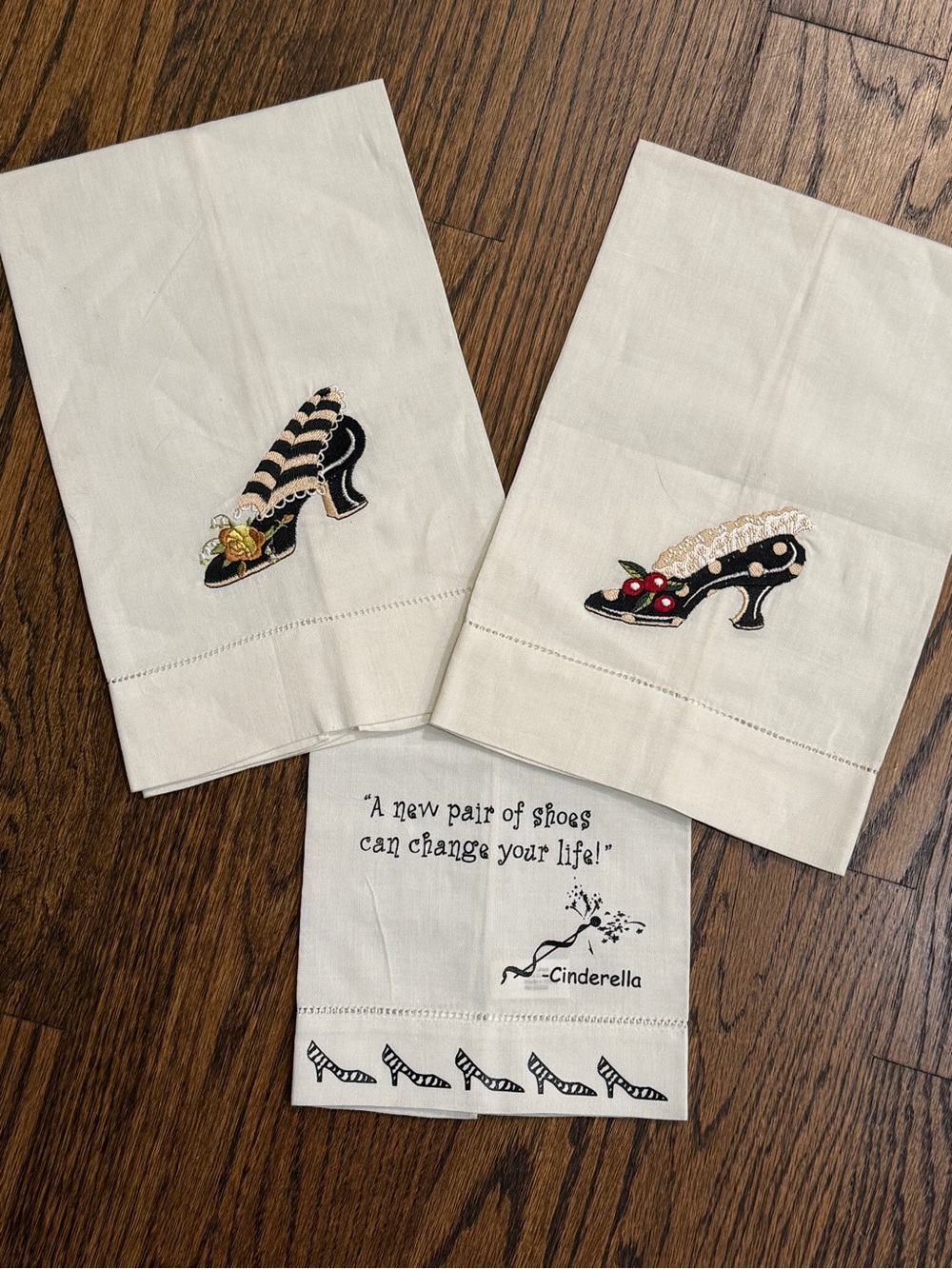 Embroidered Tea Towels With High Heeled Shoes - Set of 3